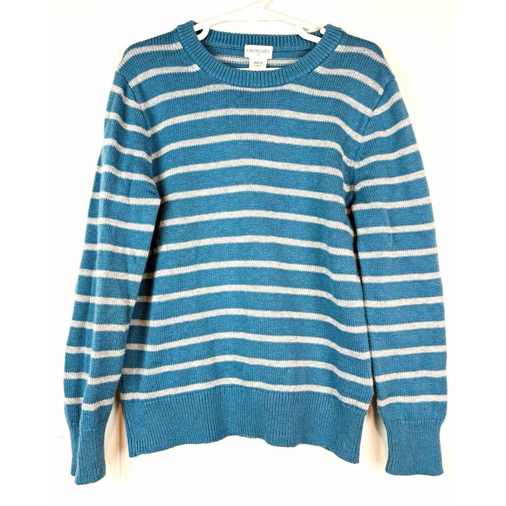 Crewcuts Boys Sweater Striped Blue Gray Fall Pullover Crew Neck Elbow Patch Sz S